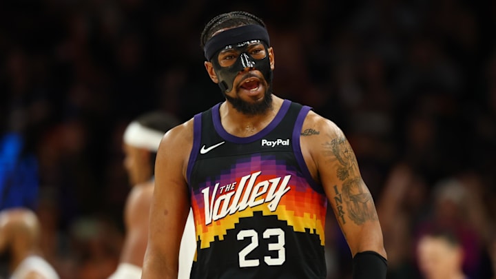 Feb 21, 2026; Phoenix, Arizona, USA; Phoenix Suns guard Jordan Goodwin (23) celebrates against the Orlando Magic in the second half at Mortgage Matchup Center. Mandatory Credit: Mark J. Rebilas-Imagn Images