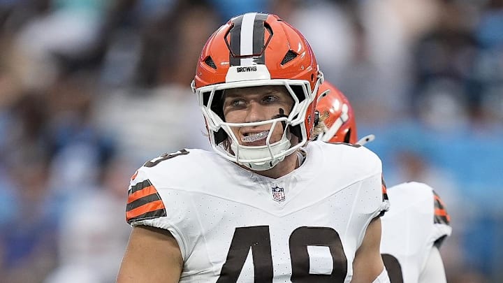 Aug 8, 2025; Charlotte, North Carolina, USA; Cleveland Browns linebacker Carson Schwesinger (49) during the first quarter against the Carolina Panthers at Bank of America Stadium. Mandatory Credit: Jim Dedmon-Imagn Images
