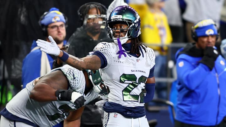 Dec 18, 2025; Seattle, Washington, USA; Seattle Seahawks wide receiver Rashid Shaheed (22) reacts in the second half against the Los Angeles Rams at Lumen Field.