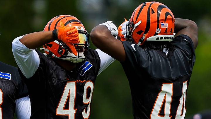 Jun 16, 2026; Cincinnati, OH, USA; Cincinnati Bengals linebacker Barrett Carter (49) gestures with linebacker Demetrius Knight Jr. (44) during minicamp at Kettering Health Practice Fields. Mandatory Credit: Katie Stratman-Imagn Images Jun 16, 2026; Cincinnati, OH, USA; Cincinnati Bengals linebacker Barrett Carter (49) gestures with linebacker Demetrius Knight Jr. (44) during minicamp at Kettering Health Practice Fields. Mandatory Credit: Katie Stratman-Imagn Images