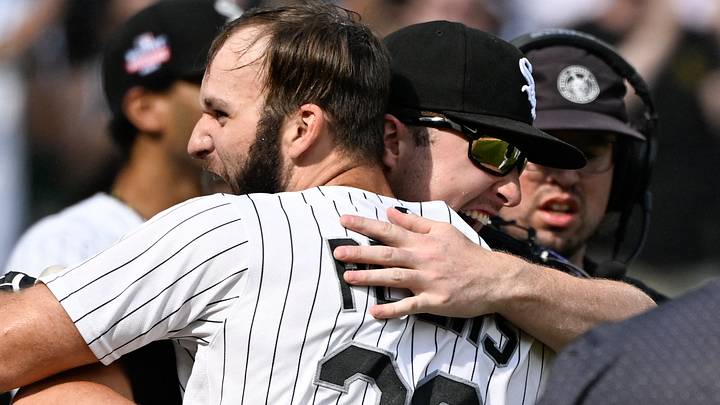 Aug 23, 2026; Chicago, Illinois, USA;  Chicago White Sox center fielder Tristan Peters (29) is hugged by a teammate after he hits a walk-off  home run during the ninth inning against the New York Mets  at Rate Field.  Mandatory Credit: Matt Marton-Imagn Images