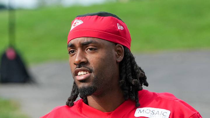 Jul 29, 2026; St. Joseph, MO, USA; Kansas City Chiefs   wide receiver Jalen Royals (11) walks down the hill to the practice fields during training camp at Missouri Western State University. Mandatory Credit: Denny Medley-Imagn Images