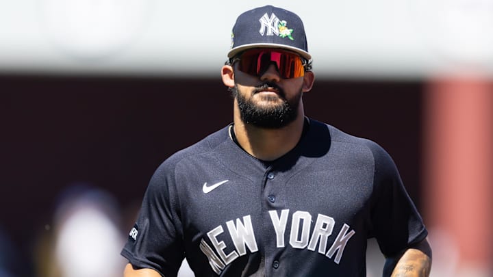 New York Yankees outfielder Jasson Dominguez against the Chicago Cubs during spring training at Sloan Park.
