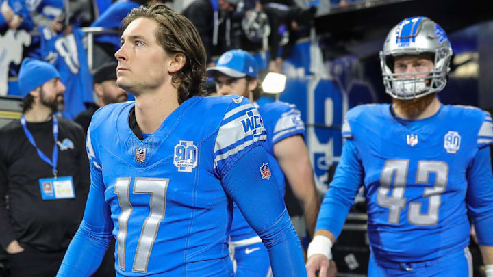 Former Detroit Lions place kicker Michael Badgley takes the field for warmups before the NFC wild card game at Ford Field on Sunday, Jan, 14, 2024.