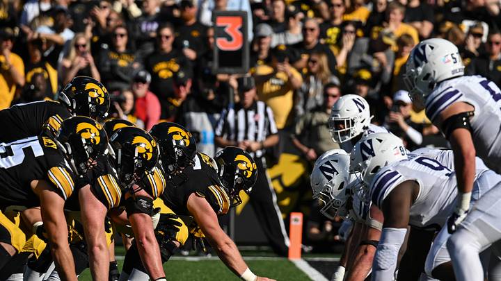 Oct 29, 2022; Iowa City, Iowa, USA; The line of scrimmage between the Iowa Hawkeyes and the Northwestern Wildcats during the game at Kinnick Stadium. Mandatory Credit: Jeffrey Becker-USA TODAY Sports Oct 29, 2022; Iowa City, Iowa, USA; The line of scrimmage between the Iowa Hawkeyes and the Northwestern Wildcats during the game at Kinnick Stadium. Mandatory Credit: Jeffrey Becker-USA TODAY Sports