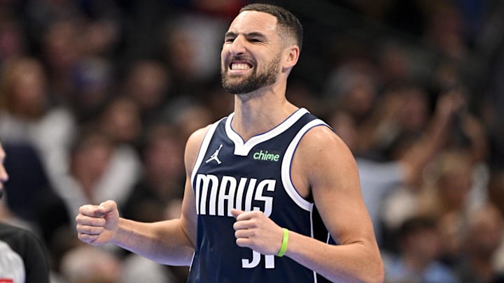 Nov 21, 2025; Dallas, Texas, USA; Dallas Mavericks guard Klay Thompson (31) reacts to missing a shot during the second quarter against the New Orleans Pelicans at the American Airlines Center. Mandatory Credit: Jerome Miron-Imagn Images