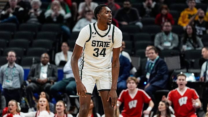 Michigan State forward Xavier Booker (34) reacts after a play against Wisconsin during the first half of Big Ten Tournament semifinal at Gainbridge Fieldhouse in Indianapolis, Ind. on Saturday, March 15, 2025.