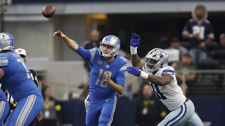 Detroit Lions quarterback Jared Goff (16) throws the ball as Dallas Cowboys linebacker Micah Parsons (11)
