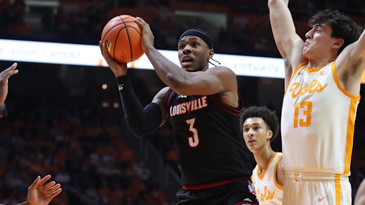 Dec 16, 2025; Knoxville, Tennessee, USA; Louisville Cardinals guard Ryan Conwell (3) moves the ball against the Tennessee Volunteers during the second half at Thompson-Boling Arena at Food City Center. Mandatory Credit: Randy Sartin-Imagn Images Dec 16, 2025; Knoxville, Tennessee, USA; Louisville Cardinals guard Ryan Conwell (3) moves the ball against the Tennessee Volunteers during the second half at Thompson-Boling Arena at Food City Center. Mandatory Credit: Randy Sartin-Imagn Images
