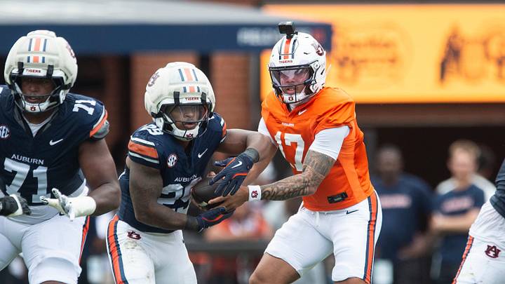 Auburn Tigers quarterback Byrum Brown (17) hands the ball off to running back Omar Mabson II (29) during Auburn Tigers A-Day spring game at Jordan-Hare Stadium in Auburn, Ala. on Saturday, April 18, 2026.