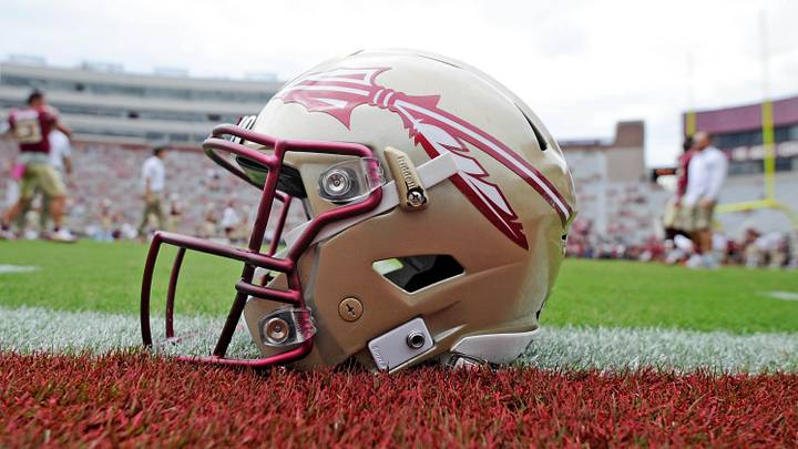 Oct 7, 2017; Tallahassee, FL, USA; View of a Florida State Seminoles helmet on the field before the game against the Miami Hurricanes at Doak Campbell Stadium. Mandatory Credit: Melina Vastola-Imagn Images