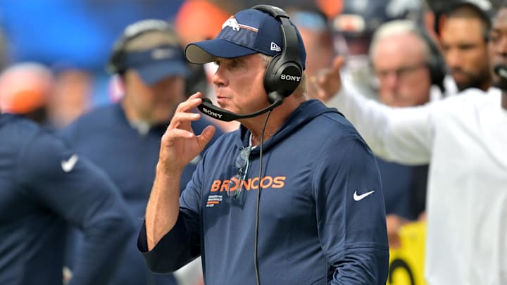 Sep 21, 2025; Inglewood, California, USA;  Denver Broncos head coach Sean Payton in the first half against the Los Angeles Chargers at SoFi Stadium. 