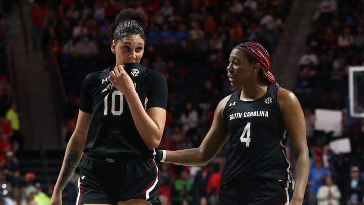 Feb 19, 2023; Oxford, Mississippi, USA; South Carolina Gamecocks center Kamilla Cardoso (10) and forward Aliyah Boston (4) talk during a timeout during the second half against the Mississippi Rebels at The Sandy and John Black Pavilion at Ole Miss. 