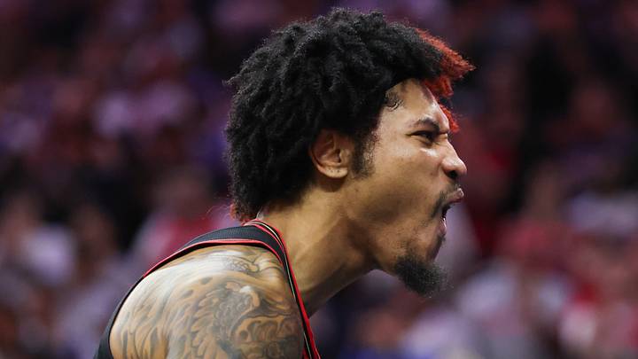 Apr 15, 2026; Philadelphia, Pennsylvania, USA; Philadelphia 76ers guard Kelly Oubre Jr. (9) reacts after a score against the Orlando Magic during the fourth quarter of a play-in round of the 2026 NBA Playoffs at Xfinity Mobile Arena. Mandatory Credit: Bill Streicher-Imagn Images