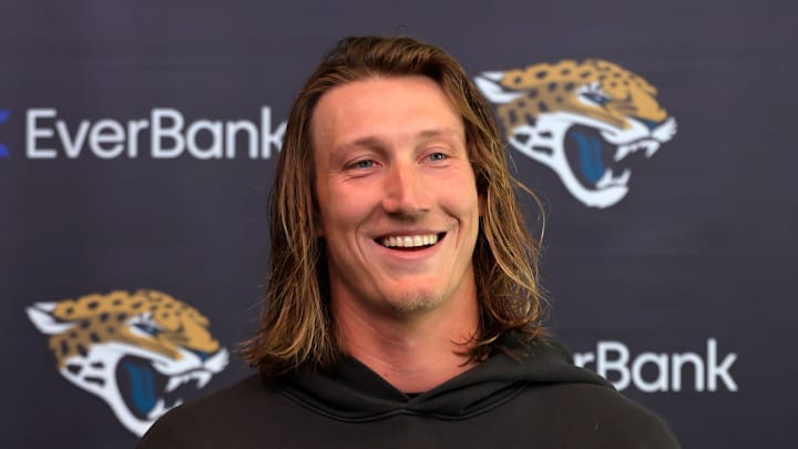 Jacksonville Jaguars quarterback Trevor Lawrence speaks during a press conference at the Miller Electric Center, Monday, April 20, 2026 in Jacksonville, Fla.