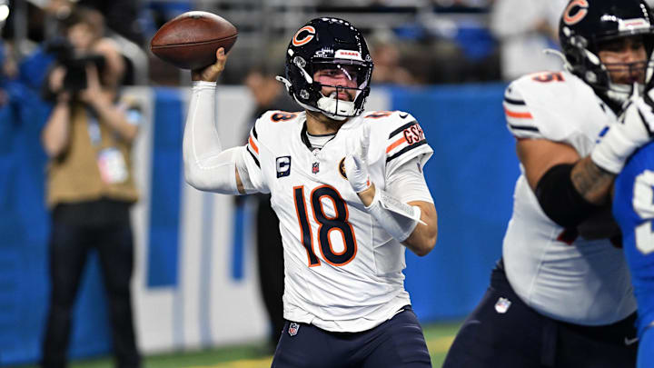 Nov 28, 2024; Detroit, Michigan, USA; Chicago Bears quarterback Caleb Williams (18) throws a pass out of his own end zone against the Detroit Lions in the fourth quarter at Ford Field. Mandatory Credit: Lon Horwedel-Imagn Images Nov 28, 2024; Detroit, Michigan, USA; Chicago Bears quarterback Caleb Williams (18) throws a pass out of his own end zone against the Detroit Lions in the fourth quarter at Ford Field. Mandatory Credit: Lon Horwedel-Imagn Images