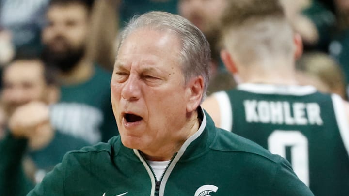 Michigan State's Tom Izzo yells at a referee about a call made during a game against Northwestern at the Breslin Center on Thursday, Jan. 8, 2026.