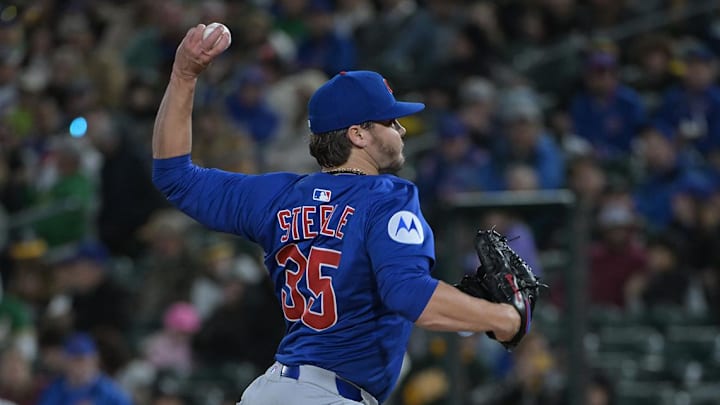 Apr 1, 2025; West Sacramento, California, USA; Chicago Cubs pitcher Justin Steele (35) throws a pitch during the second inning against the Athletics at Sutter Health Park.