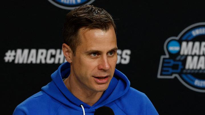Mar 26, 2026; Washington, DC, USA; Duke Blue Devils head coach Jon Scheyer speaks with the media during a press conference ahead of the east regional of the men's 2026 NCAA Tournament at Capital One Arena. Mandatory Credit: Geoff Burke-Imagn Images