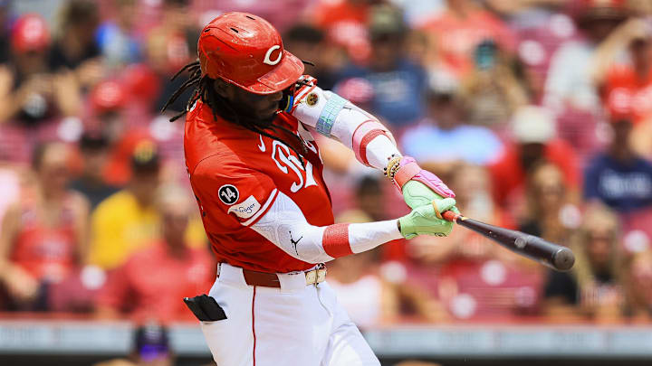 Cincinnati Reds shortstop Elly De La Cruz (44) hits a single in the third inning against the Colorado Rockies at Great American Ball Park on July 13. 