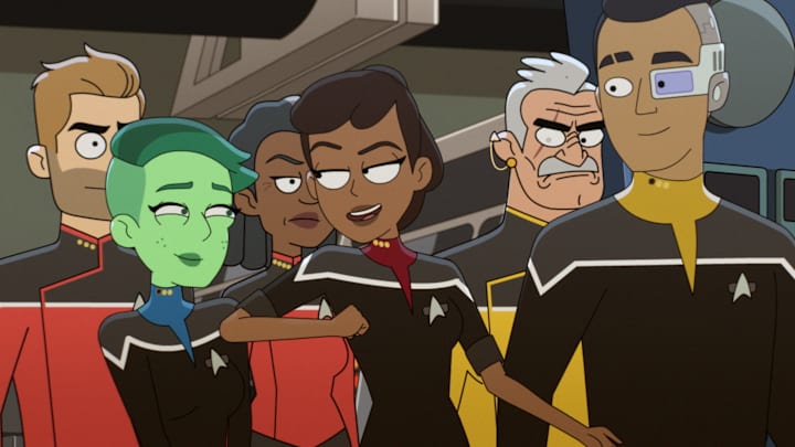 “Crisis Point 2: Paradoxus" - Ep#308--Jerry O'Conell as Commander Ransom, Noel Wells as Ensign Tendi, Dawnn Lewis as Captain Carol Freeman, Tawny Newsome as Ensign Beckett Mariner, Fred Tatasciore as Lieutenant Shaxs and Eugene Cordero as Ensign Rutherford in the Paramount+ series STAR TREK: LOWER DECKS. Photo: PARAMOUNT+ ©2022 CBS Interactive, Inc. All Rights Reserved **Best Possible Screen Grab**