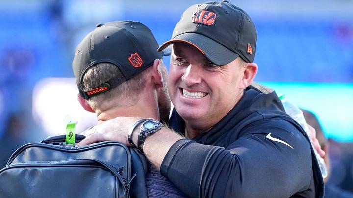 Cincinnati Bengals head coach Zac Taylor celebrates a win after the fourth quarter of the NFL Week 7 game between the Baltimore Ravens and the Cincinnati Bengals at M&T Bank Stadium in Baltimore on Sunday, Oct. 25, 2026. The Bengals scored 35 points in the second half to win 35-13 on the road.