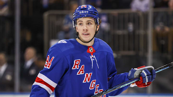 Feb 28, 2026; New York, New York, USA; New York Rangers right wing Gabe Perreault (94) at Madison Square Garden. Mandatory Credit: Wendell Cruz-Imagn Images Feb 28, 2026; New York, New York, USA; New York Rangers right wing Gabe Perreault (94) at Madison Square Garden. Mandatory Credit: Wendell Cruz-Imagn Images