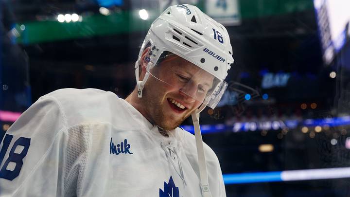 Feb 25, 2026; Tampa, Florida, USA; Toronto Maple Leafs forward Steven Lorentz (18) before the game against the Tampa Bay Lightning at Benchmark International Arena. Mandatory Credit: Morgan Tencza-Imagn Images