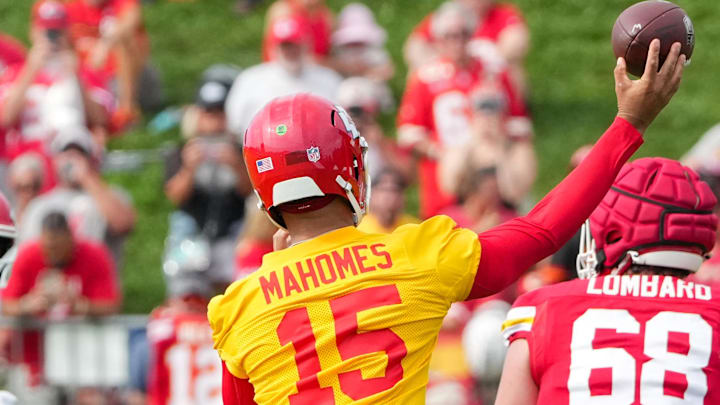 Jul 22, 2025; St. Joseph, MO, USA; Kansas City Chiefs quarterback Patrick Mahomes (15) throws a pass during training camp at Missouri Western State University. Mandatory Credit: Denny Medley-Imagn Images Jul 22, 2025; St. Joseph, MO, USA; Kansas City Chiefs quarterback Patrick Mahomes (15) throws a pass during training camp at Missouri Western State University. Mandatory Credit: Denny Medley-Imagn Images