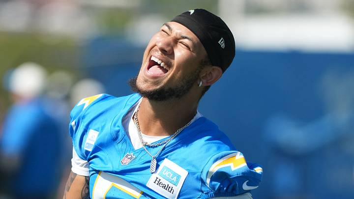 Jul 31, 2026; El Segundo, CA, USA; Los Angeles Chargers quarterback Trey Lance (5) reacts during training camp at The Bolt. Mandatory Credit: Kirby Lee-Imagn Images
