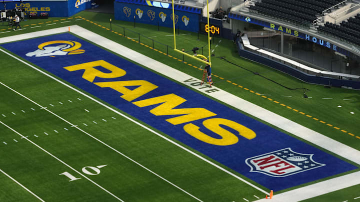 Oct 24, 2024; Inglewood, California, USA; The Los Angeles Rams logo in the end zone at SoFi Stadium. Mandatory Credit: Kirby Lee-Imagn Images Oct 24, 2024; Inglewood, California, USA; The Los Angeles Rams logo in the end zone at SoFi Stadium. Mandatory Credit: Kirby Lee-Imagn Images