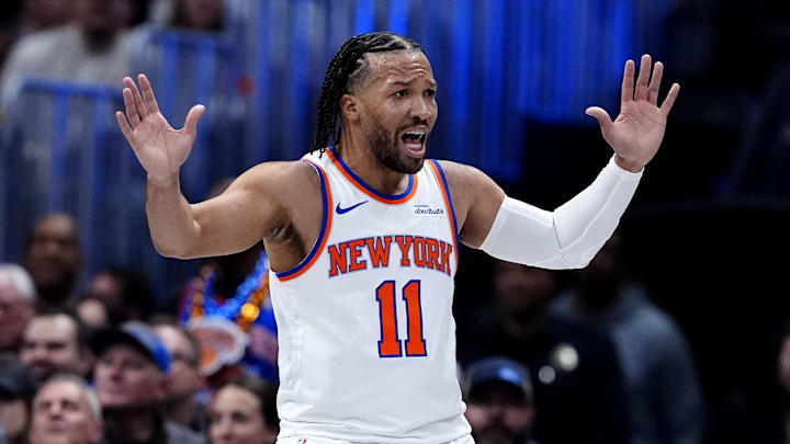 Mar 6, 2026; Denver, Colorado, USA; New York Knicks guard Jalen Brunson (11) reacts in the first quarter against the Denver Nuggets at Ball Arena. Mandatory Credit: Ron Chenoy-Imagn Images