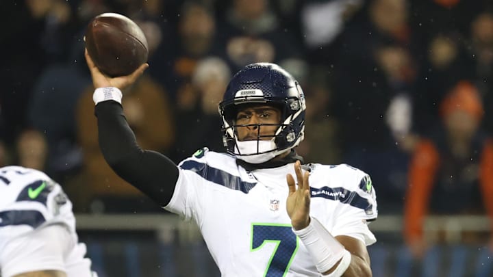 Dec 26, 2024; Chicago, Illinois, USA; Seattle Seahawks quarterback Geno Smith (7) throws a pass downfield during the first quarter against the Chicago Bears at Soldier Field. Mandatory Credit: Talia Sprague-Imagn Images