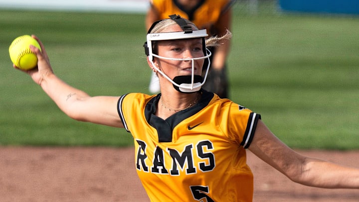 Southeast Polk's Maci Bice pitches during the 2025 Iowa high school state softball tournament at Harlan Rogers Sports Complex on July 21, 2025, in Fort Dodge.