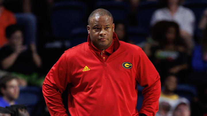 Nov 11, 2024; Gainesville, Florida, USA; Grambling State Tigers head coach Donte' Jackson looks on against the Florida Gators during the first half at Exactech Arena at the Stephen C. O'Connell Center. Mandatory Credit: Matt Pendleton-Imagn Images