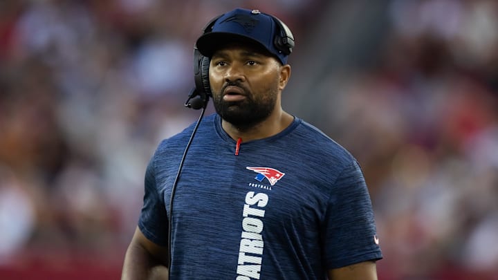Dec 15, 2024; Glendale, Arizona, USA; New England Patriots head coach Jerod Mayo against the Arizona Cardinals in the second half at State Farm Stadium. Mandatory Credit: Mark J. Rebilas-Imagn Images