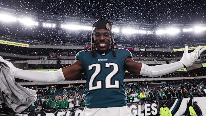 Jan 26, 2025; Philadelphia, PA, USA; Philadelphia Eagles cornerback Kelee Ringo (22) celebrates after a victory in the NFC Championship game against the Washington Commanders at Lincoln Financial Field. Mandatory Credit: Bill Streicher-Imagn Images