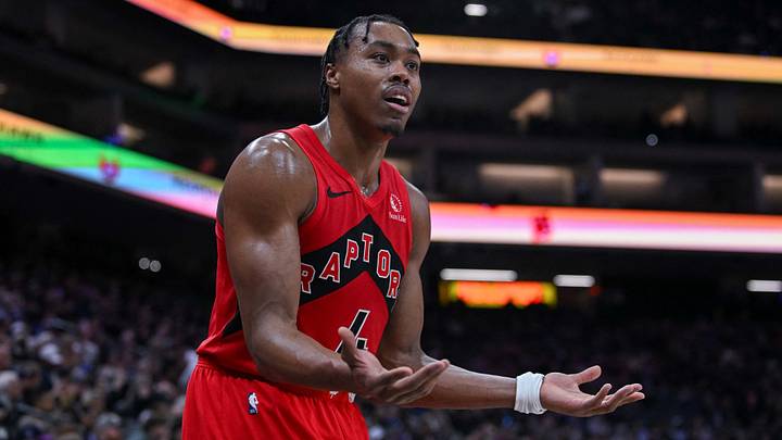 Jan 21, 2026; Sacramento, California, USA; Toronto Raptors forward/guard Scottie Barnes (4) reacts to a call during the fourth quarter of the game against the Sacramento Kings at Golden 1 Center. Mandatory Credit: Ed Szczepanski-Imagn Images