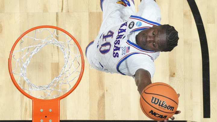 Kansas Jayhawks forward Flory Bidunga (40) shoots the ball against the California Baptist Lancers during a first round game of the men's 2026 NCAA Tournament at Viejas Arena.