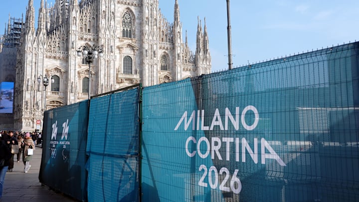 A general view of signage in Piazza del Duomo and the Duomo di Milano ahead of the Milano Cortina 2026 Olympic Winter Games. A general view of signage in Piazza del Duomo and the Duomo di Milano ahead of the Milano Cortina 2026 Olympic Winter Games.