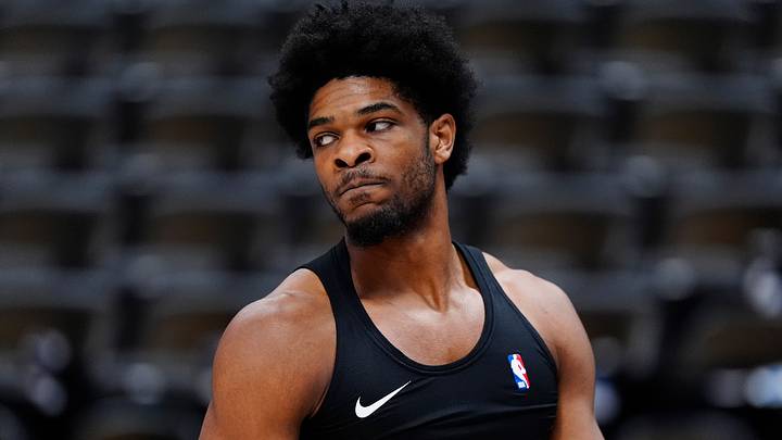Mar 22, 2026; Denver, Colorado, USA; Portland Trail Blazers guard Scoot Henderson (00) before the game against the Denver Nuggets at Ball Arena. Mandatory Credit: Ron Chenoy-Imagn Images
