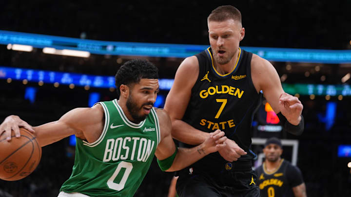 Mar 18, 2026; Boston, Massachusetts, USA; Boston Celtics forward Jayson Tatum (0) drives the ball against Golden State Warriors center Kristaps Porzingis (7) in the first quarter at TD Garden. Mandatory Credit: David Butler II-Imagn Images Mar 18, 2026; Boston, Massachusetts, USA; Boston Celtics forward Jayson Tatum (0) drives the ball against Golden State Warriors center Kristaps Porzingis (7) in the first quarter at TD Garden. Mandatory Credit: David Butler II-Imagn Images