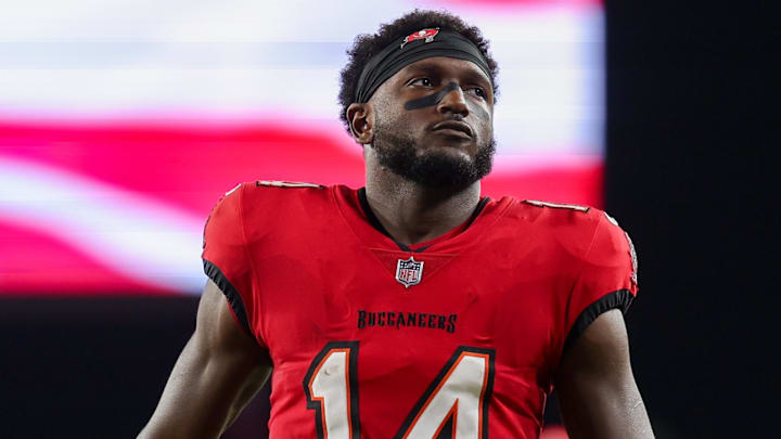 Oct 21, 2024; Tampa, Florida, USA; Tampa Bay Buccaneers wide receiver Chris Godwin (14) looks on before a game against theBaltimore Ravens at Raymond James Stadium. Mandatory Credit: Nathan Ray Seebeck-Imagn Images