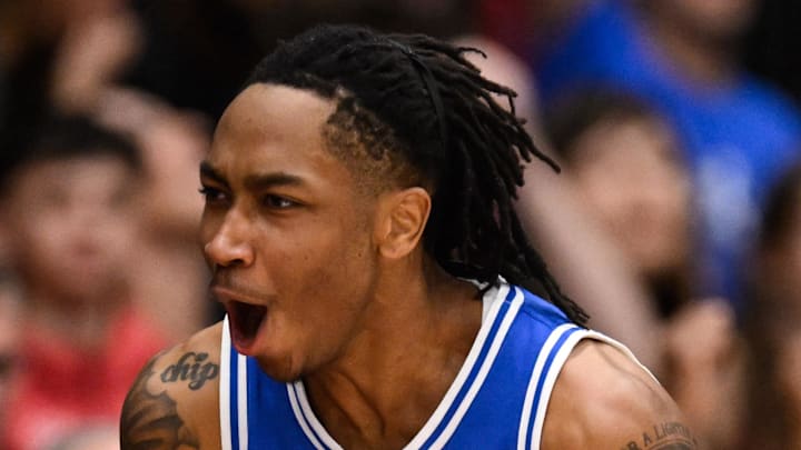 Jan 17, 2026; Stanford, California, USA; Duke Blue Devils guard Isaiah Evans (3) celebrates his basket against the Stanford Cardinal in the first half at Maples Pavilion. Mandatory Credit: Eakin Howard-Imagn Images