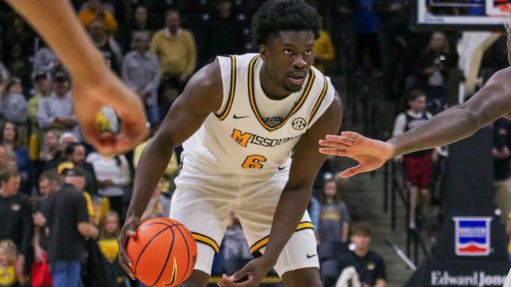 Nov. 8, 2024; Columbia, Missouri, USA; Missouri Tigers guard Annor Boateng (6) dribbles the ball against the Howard Bison.