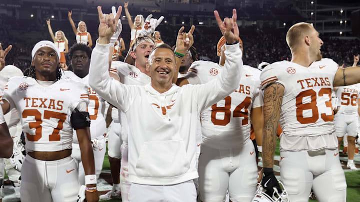 Texas Longhorns head coach Steve Sarkisian reacts after beating the Mississippi State Bulldogs in overtime at Davis Wade Stadium at Scott Field. 