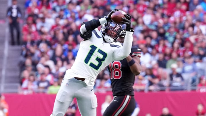 Dec 8, 2024; Glendale, Arizona, USA; Seattle Seahawks linebacker Ernest Jones IV (13) intercepts a pass against the Arizona Cardinals during the first half at State Farm Stadium. Mandatory Credit: Joe Camporeale-Imagn Images Dec 8, 2024; Glendale, Arizona, USA; Seattle Seahawks linebacker Ernest Jones IV (13) intercepts a pass against the Arizona Cardinals during the first half at State Farm Stadium. Mandatory Credit: Joe Camporeale-Imagn Images