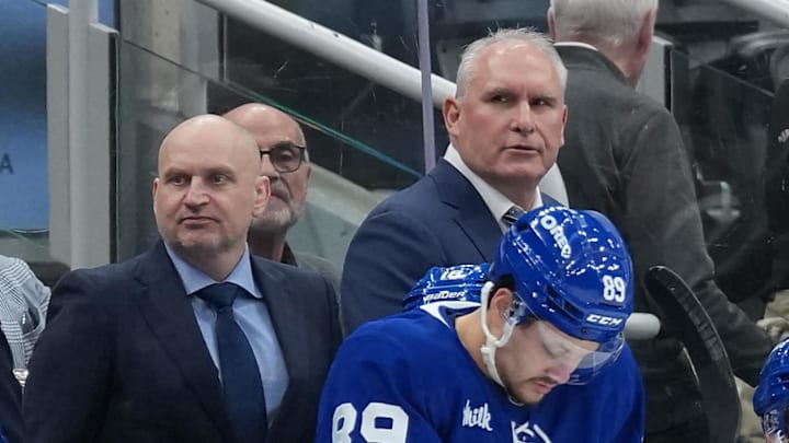 Apr 13, 2026; Toronto, Ontario, CAN; Toronto Maple Leafs head coach Craig Berube watches the play against the Dallas Stars during the third period at Scotiabank Arena. Mandatory Credit: Nick Turchiaro-Imagn Images