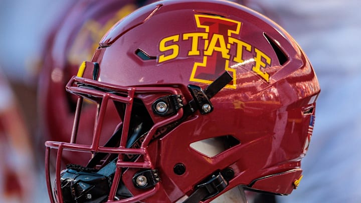 Nov 9, 2024; Kansas City, Missouri, USA; Iowa State Cyclones helmets on the bench during the first quarter against the Kansas Jayhawks at GEHA Field at Arrowhead Stadium. 