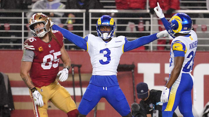 Dec 12, 2024; Santa Clara, California, USA; Los Angeles Rams safety Kamren Curl (3) reacts after breaking up a pass intended for San Francisco 49ers tight end George Kittle (85) in the second quarter at Levi's Stadium. Mandatory Credit: Cary Edmondson-Imagn Images